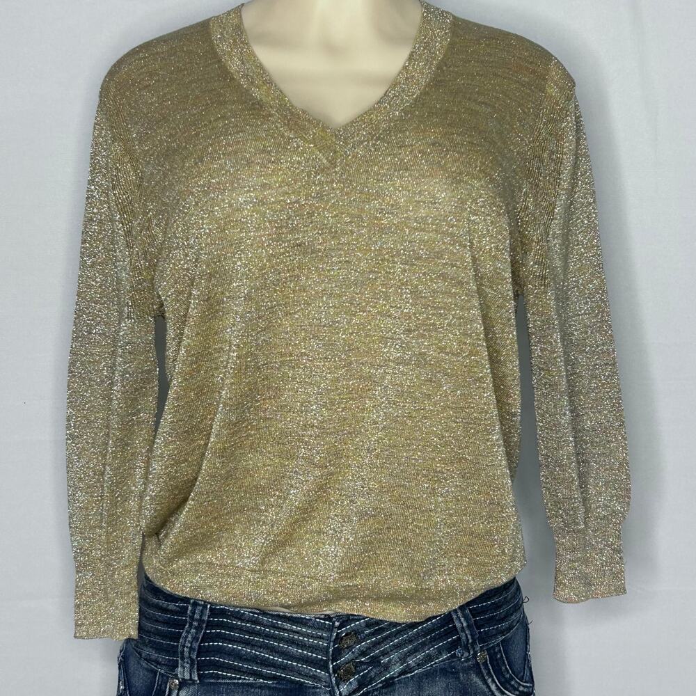 J.Crew Gold Shimmer Knit V-Neck Sweater XS Sparkly Long Sleeve party holiday